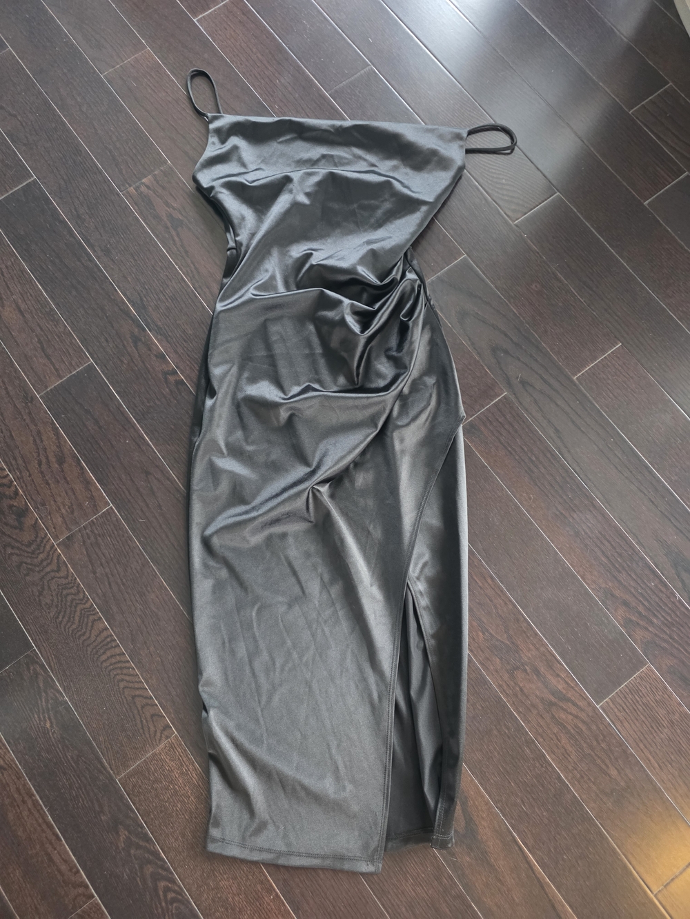 Lovely Day Black Satin Midi Slip Dress with Side Ruching